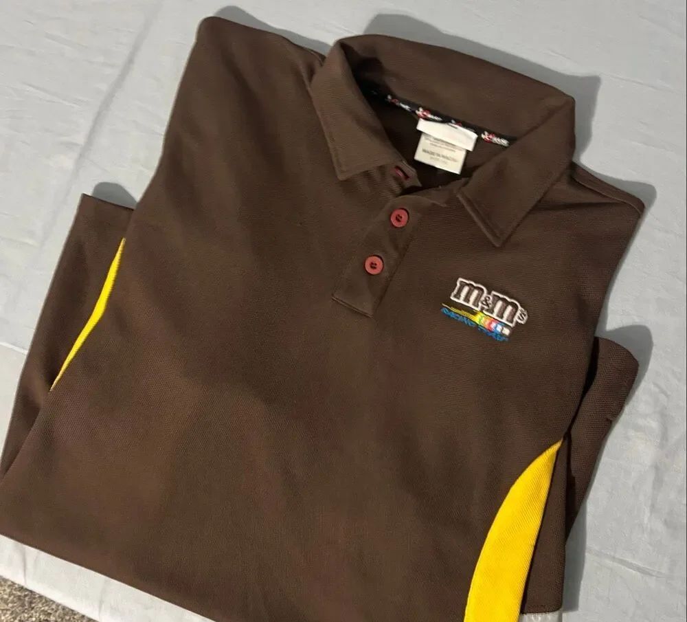 Chase Authentics NASCAR M&M’s Racing Polo Shirt Mens Brown Gold Elliot Sadler 38